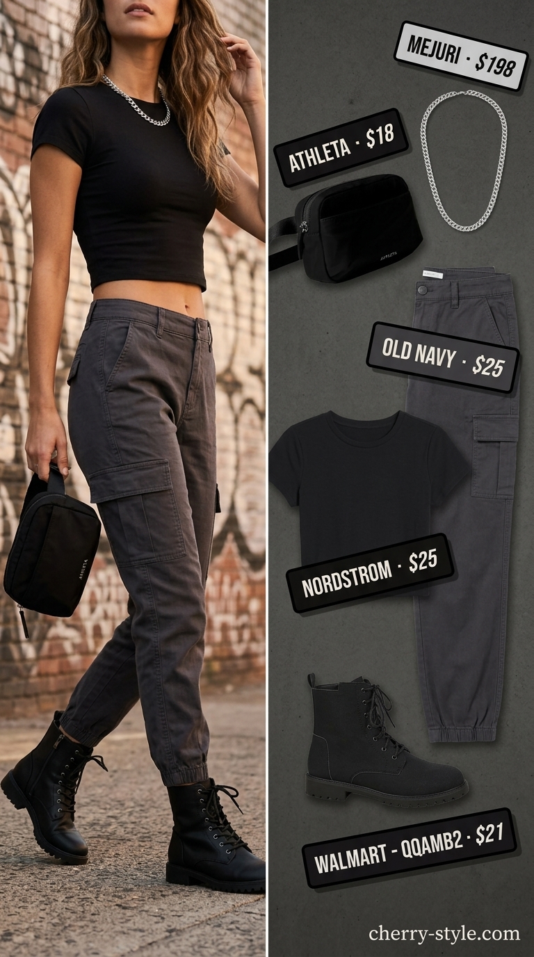 All black minimalist summer outfits for women 2026: Cargo pants, cropped tee, combat boots, and belt bag for modern street style.