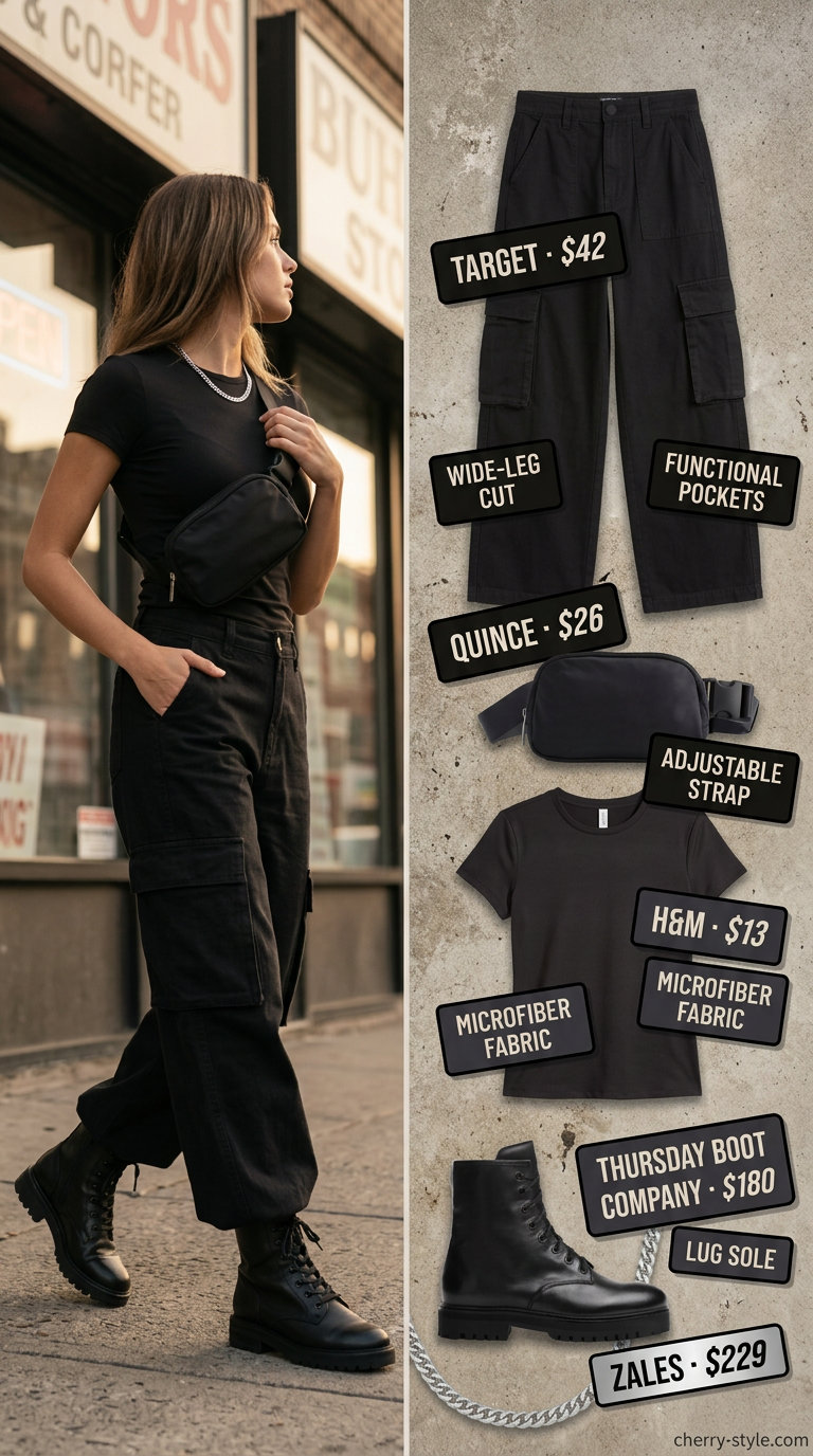 All black minimalist summer outfits for women 2026: Cargo pants, crew neck tee, combat boots, belt bag, and chain necklace.