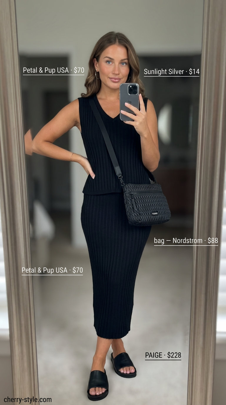 All black minimalist summer outfits for women 2026: Ribbed knit tank and midi skirt set with slides and crossbody bag.