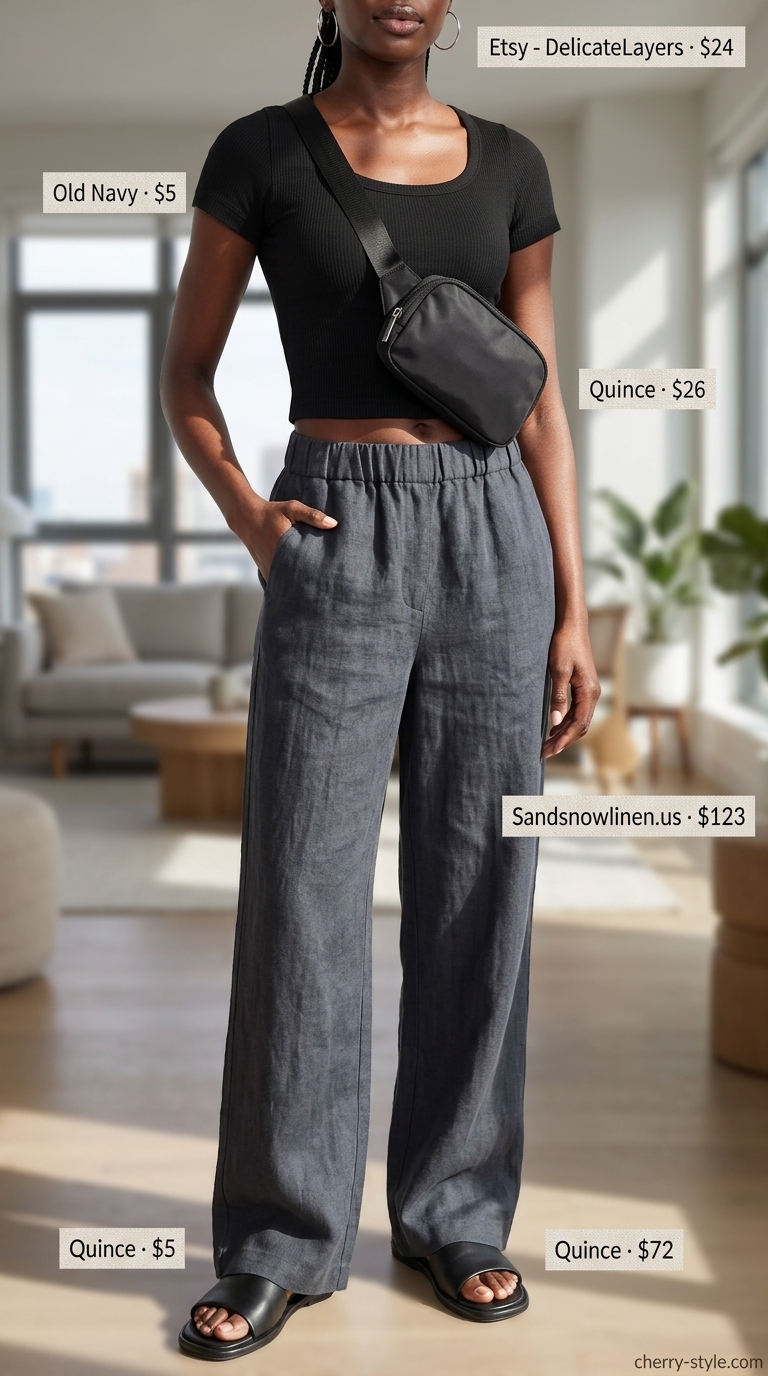 All black minimalist summer outfits for women 2026: Linen pants, knit top, slides, and belt bag for a casual day.