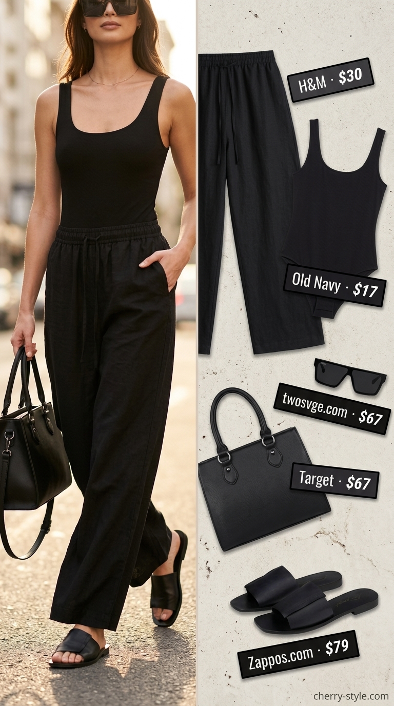 All black minimalist summer outfits for women 2026: Linen pants, bodysuit, slides, and sunglasses for a chic daytime look.