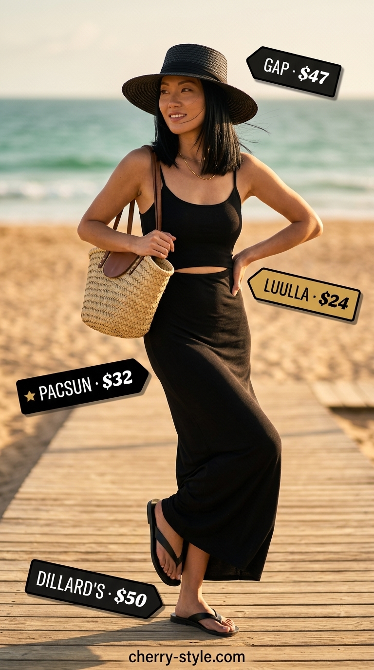 All black minimalist summer outfits for women 2026: Sleeveless maxi dress with straw hat, tote bag, and leather sandals.