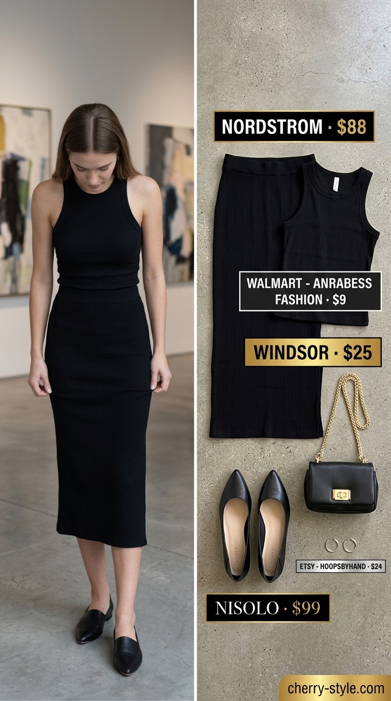 All black minimalist summer outfits for women 2026: Ribbed tank, flowy midi skirt, ballet flats, and crossbody bag for city chic.