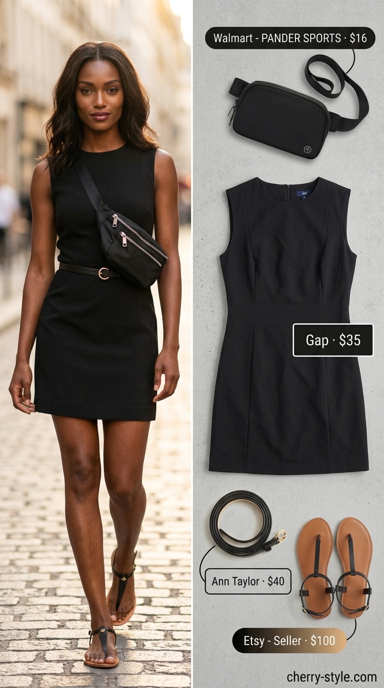 All black minimalist summer outfits for women 2026: Mini shift dress with flat sandals, belt bag, and leather belt.
