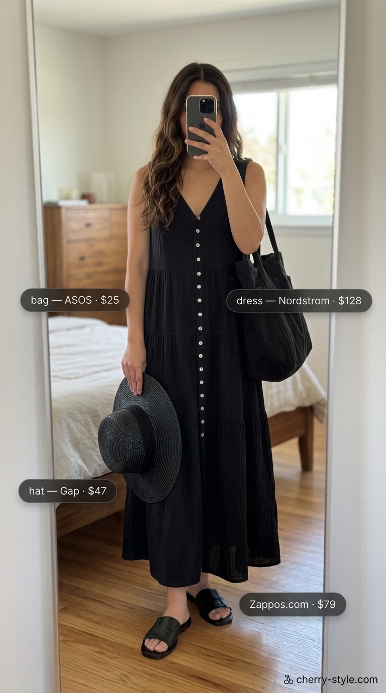 All black minimalist summer outfits for women 2026: Maxi dress, straw hat, slides, and tote bag for a casual day.