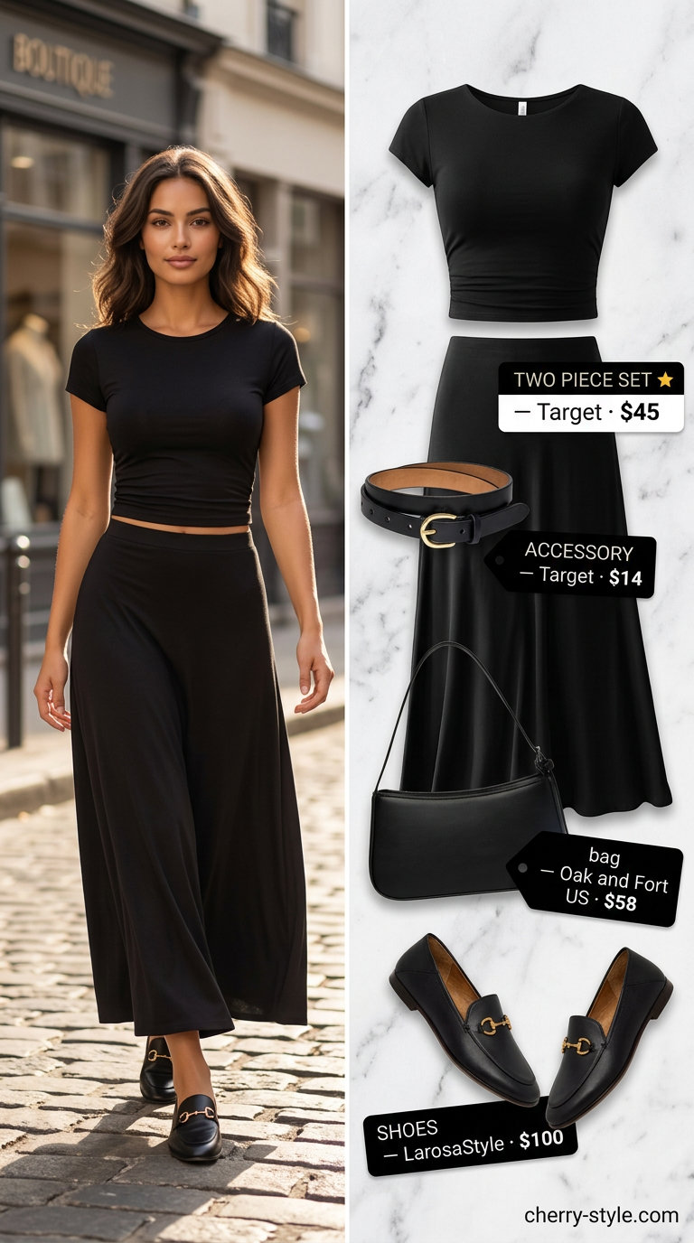 All black minimalist summer outfits for women 2026: Ribbed knit A-line midi skirt and cropped top set with loafers and belt.