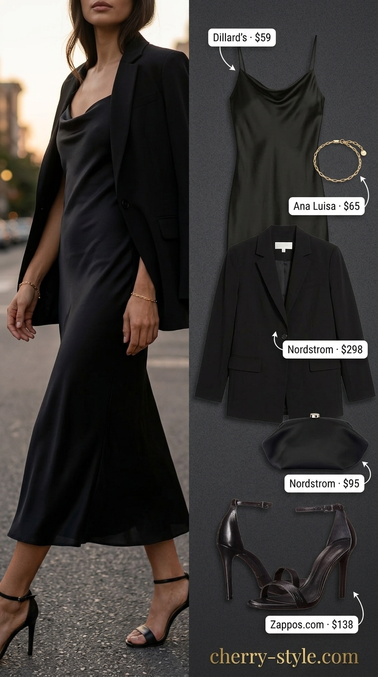 All black minimalist summer outfits for women 2026: Slip dress, blazer, sandals, and clutch for an elegant evening.