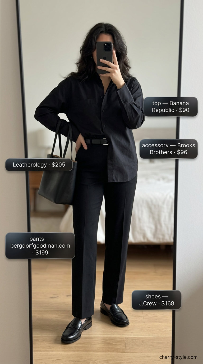 All black minimalist summer outfits for women 2026: Tailored trousers, button-down shirt, loafers, and belt for office.
