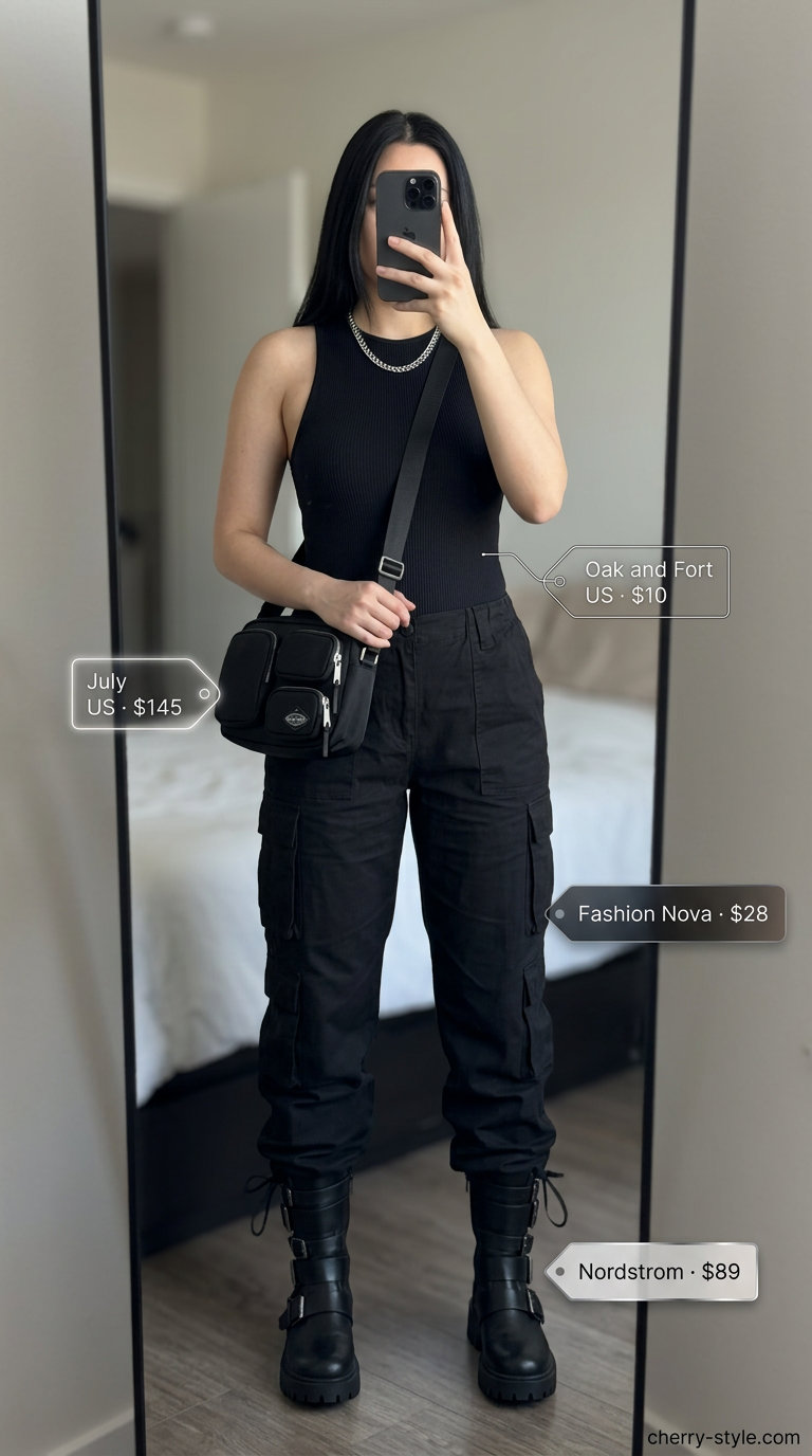 All black minimalist summer outfit: cargo pants, bodysuit, combat boots, crossbody bag, silver necklace. Edgy streetwear style.