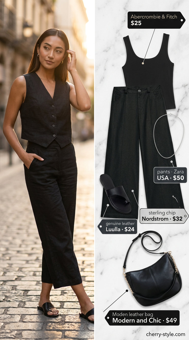 All black minimalist summer outfit: linen pants, ribbed tank, slide sandals, crossbody bag, silver necklace. Relaxed brunch look.