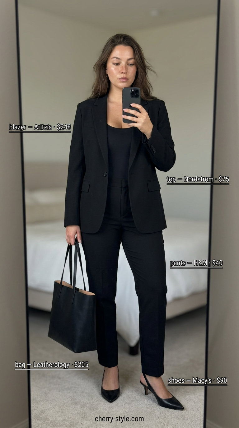 All black minimalist summer outfit: tailored blazer, slim trousers, bodysuit, tote bag, slingbacks. Smart casual office style.