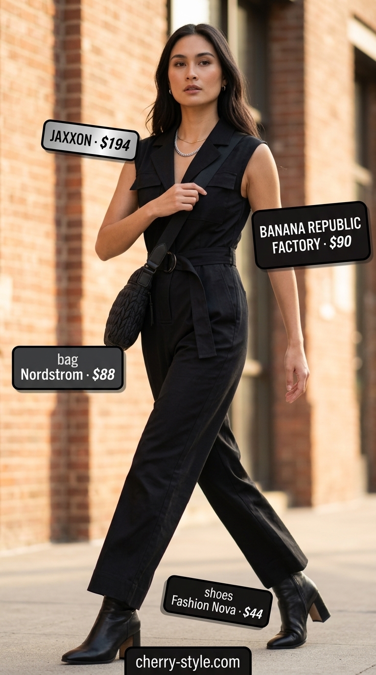 All black minimalist summer outfit: utility jumpsuit, combat boots, crossbody bag, silver necklace. Great for street style.