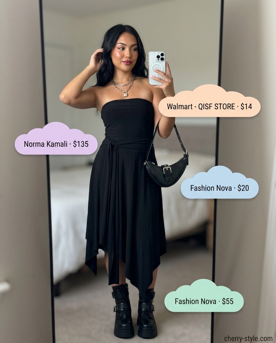 Playful red dress with black combat boots, crossbody bag, and silver padlock necklace for summer 2026.