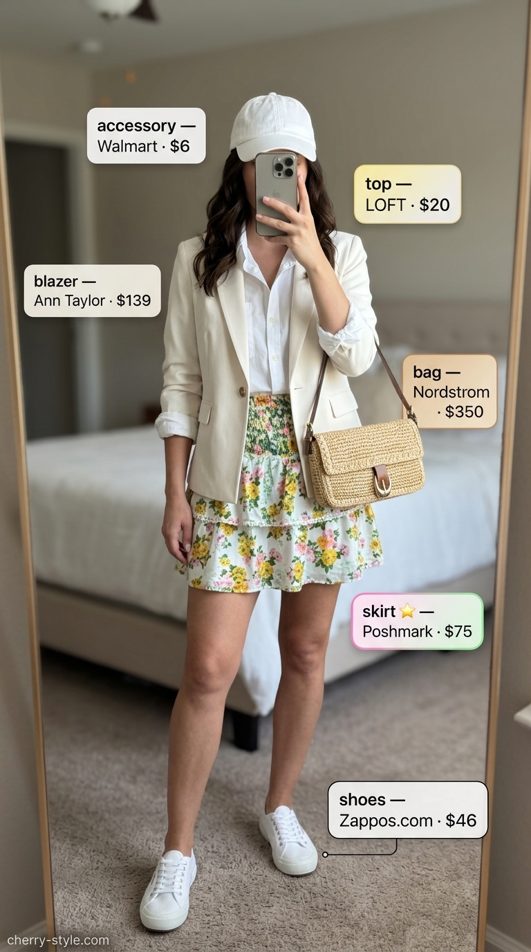 Playful floral mini skirt with white shirt and sneakers. Not a blazer outfit. Summer blazer outfits for women 2026.