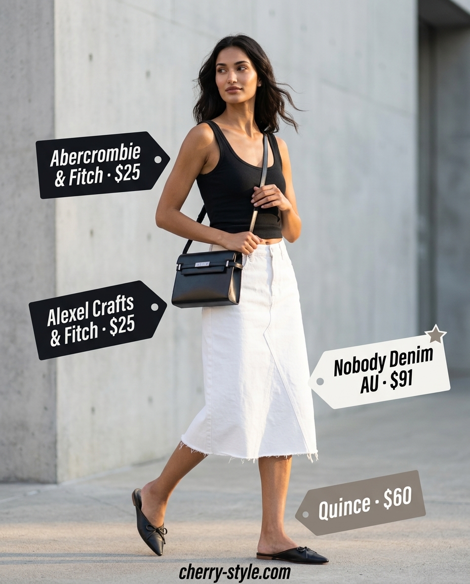 Chic summer denim skirt 2026 alternative: Beige pants, black tank, pointed mules, structured bag.