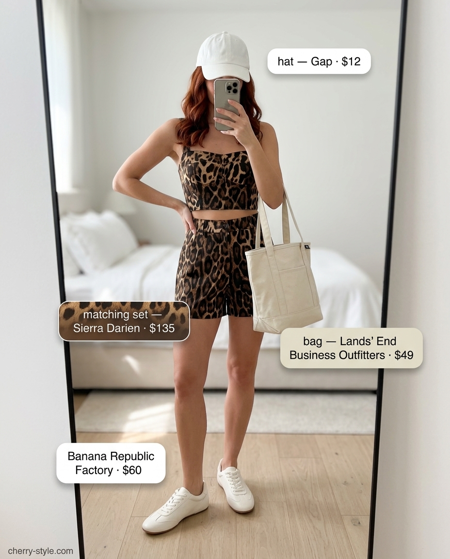 Relaxed leopard print matching set outfit for women 2026. Crop top, shorts, sneakers, tote bag for weekend errands.