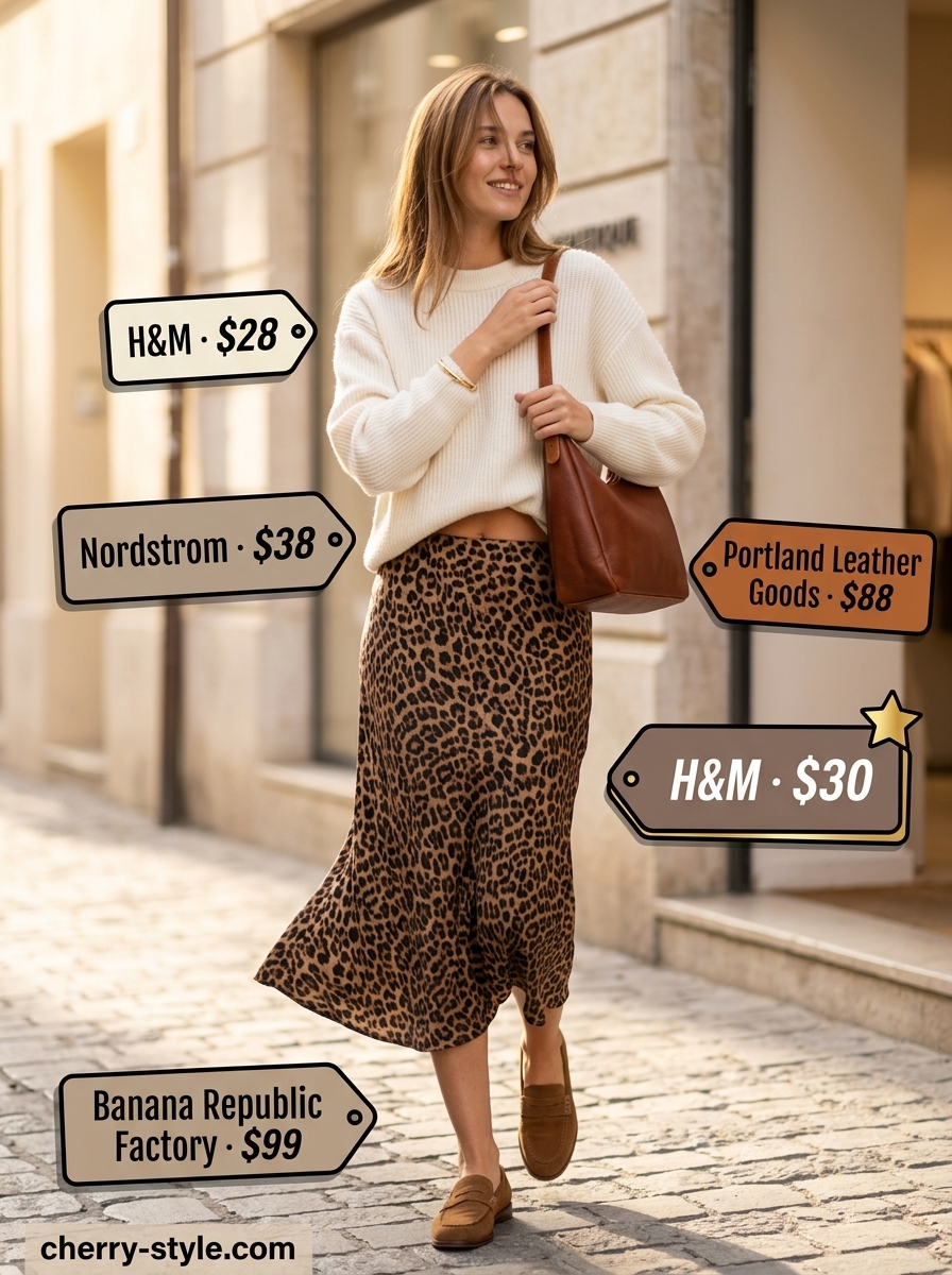 Chic earthy leopard print midi skirt outfit for women 2026. Cream sweater, suede loafers, leather bag for brunch.