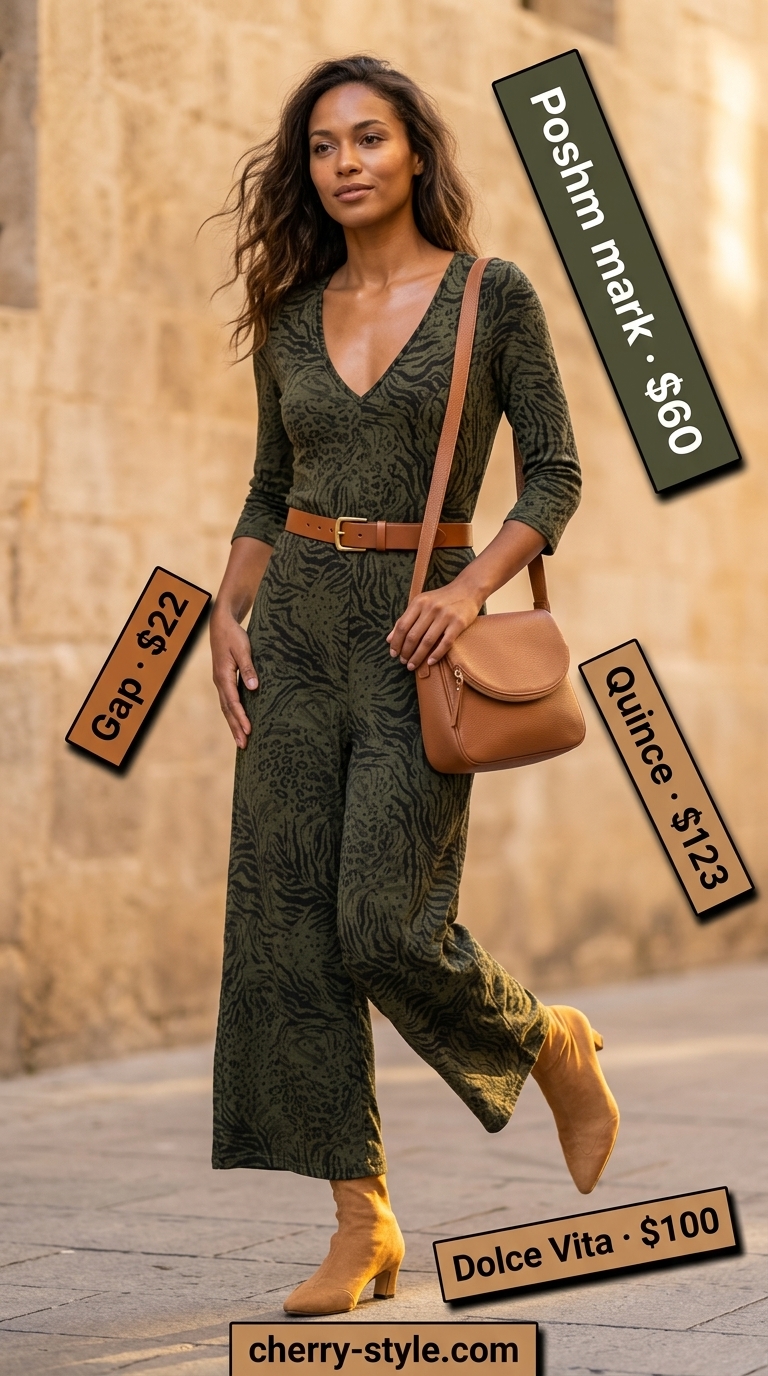 Chic olive green animal print jumpsuit outfit for women 2026. Utility jumpsuit, ankle boots, leather belt for weekend brunch.