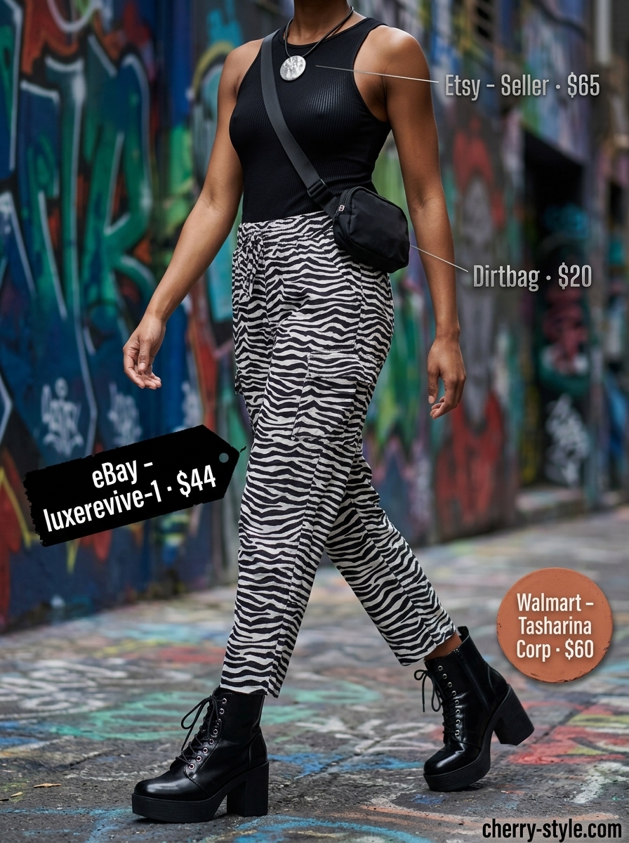 Edgy zebra print cargo pants outfit for women 2026. Black bodysuit, belt bag, combat boots for a casual day out.