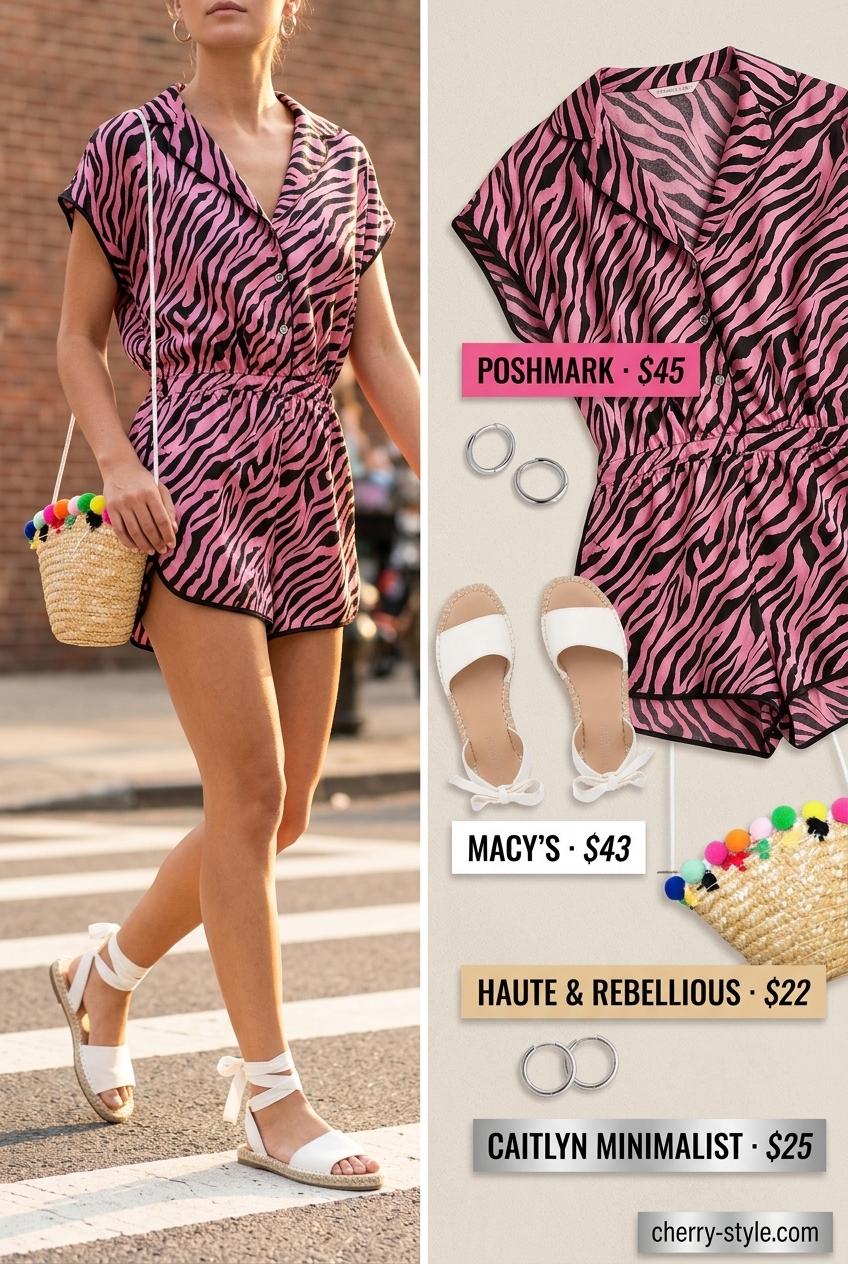 Fun zebra print romper outfit for women 2026. Pink and black romper, espadrilles, straw bag for a summer festival.