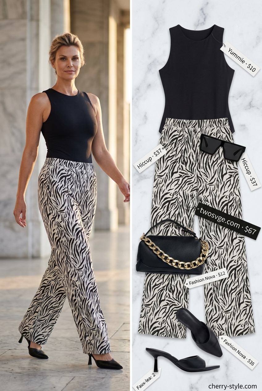 Modern zebra print wide-leg pants outfit for women 2026. Bodysuit, mules, shoulder bag, sunglasses for city sightseeing.