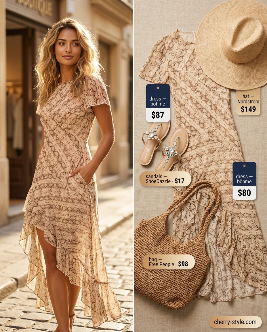 Abstract animal print maxi dress for beach vacations and summer evenings 2026. Bohemian and glamorous resort wear.