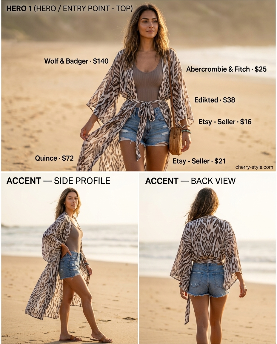 Boho animal print kimono over white tank and denim shorts for summer outfits 2026.