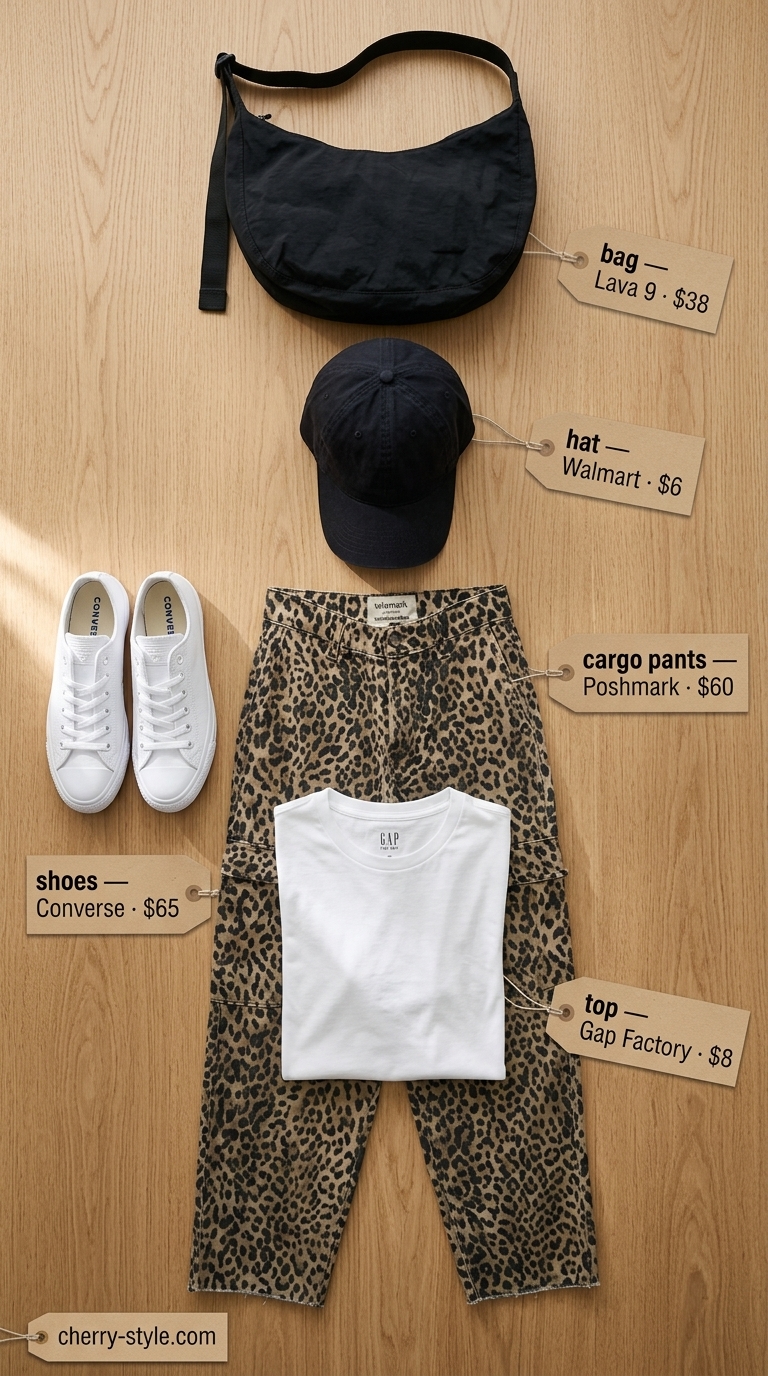 Animal print cargo pants with white tee, sneakers, and baseball cap for casual summer outfits 2026.