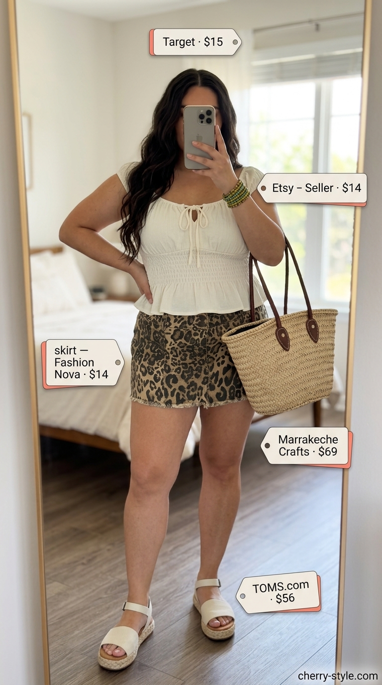 Cheetah print mini skirt outfit for beach days and casual brunches 2026. Playful bohemian summer style.