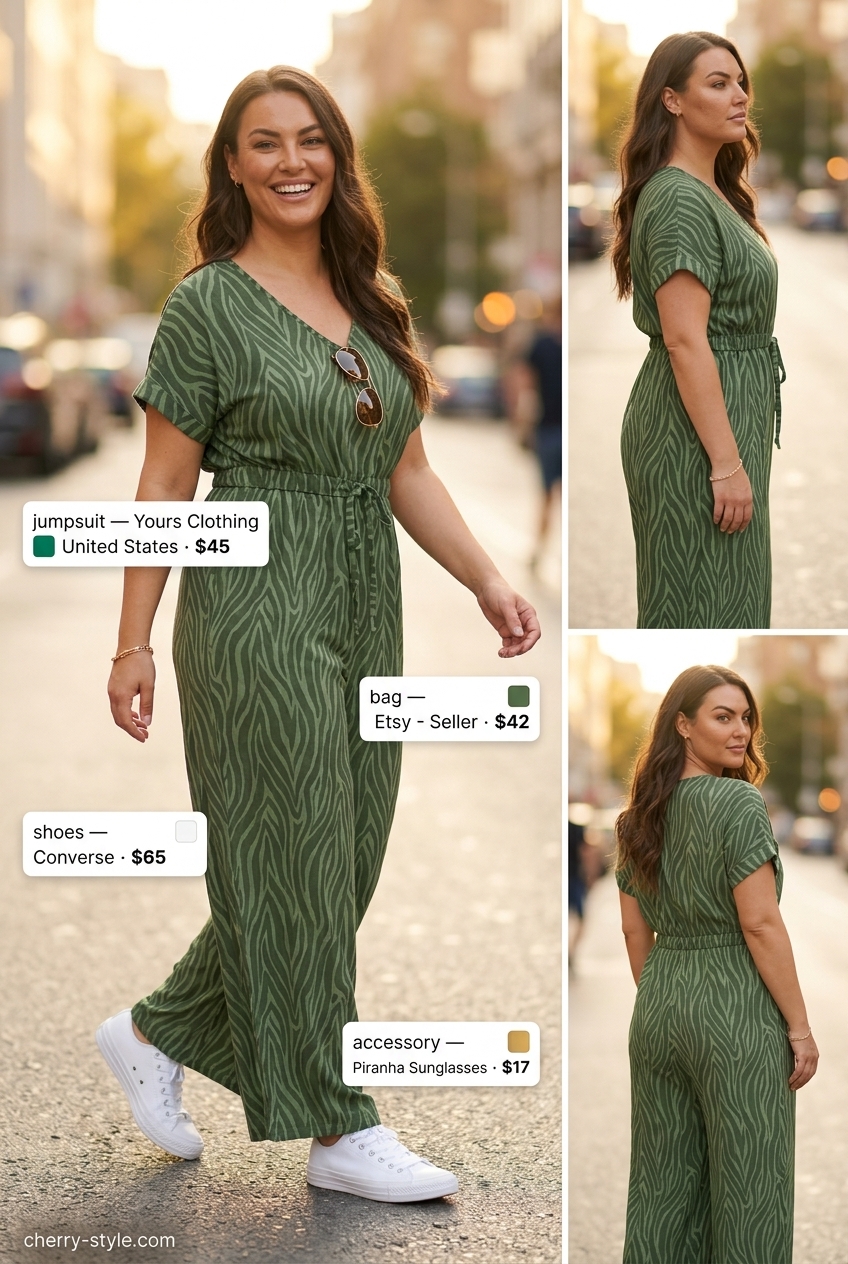 Khaki animal print utility jumpsuit with white sneakers and aviator sunglasses for summer outfits 2026.