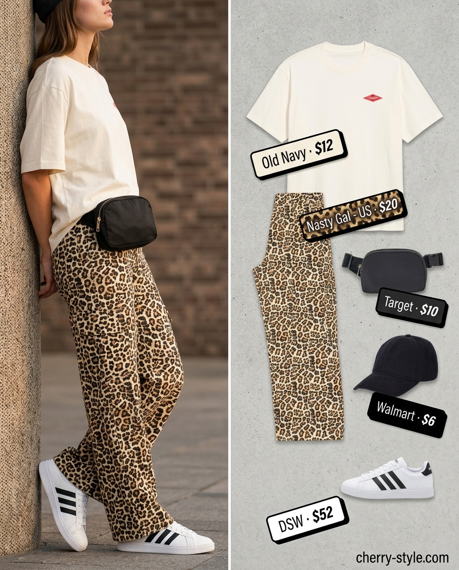 Khaki cargo pants with subtle animal print for casual summer weekends 2026. Adventurous and practical style.