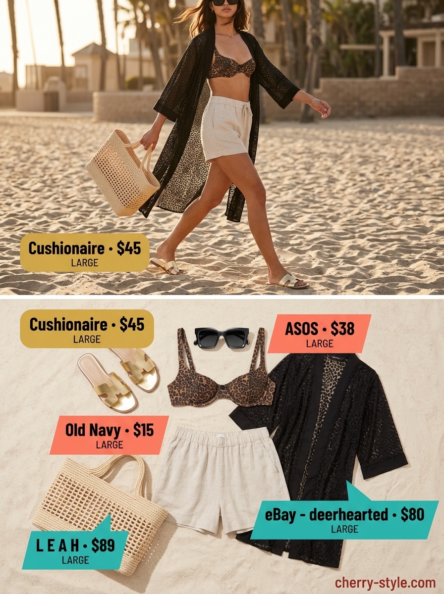 Leopard print bikini top with white shorts, straw tote, and gold sandals for animal print summer outfits 2026.