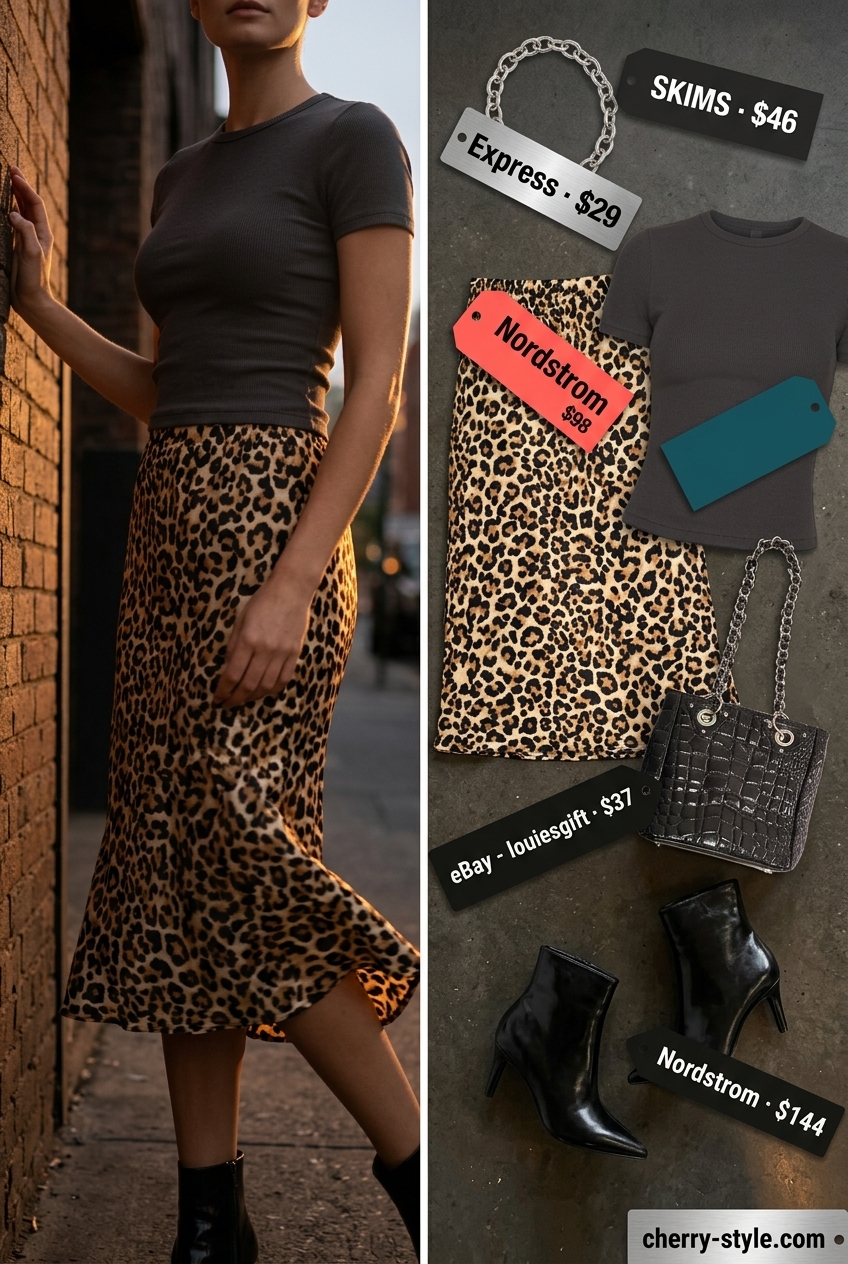 Leopard print satin midi skirt for edgy night outs 2026. Bold black and silver accessories.