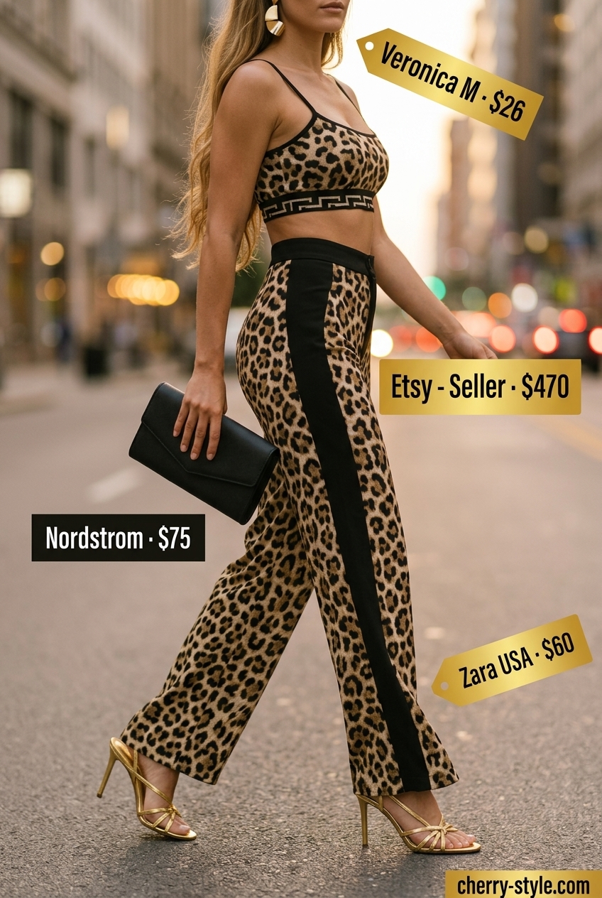 Leopard print two-piece set with gold sandals and black clutch for summer evening outfits 2026.