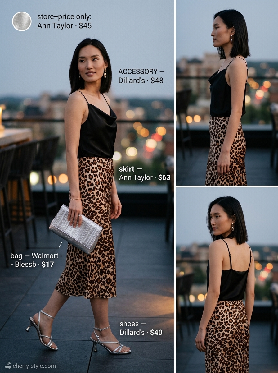 Leopard print slip skirt with black camisole, silver heels, and statement earrings for evening outfits 2026.