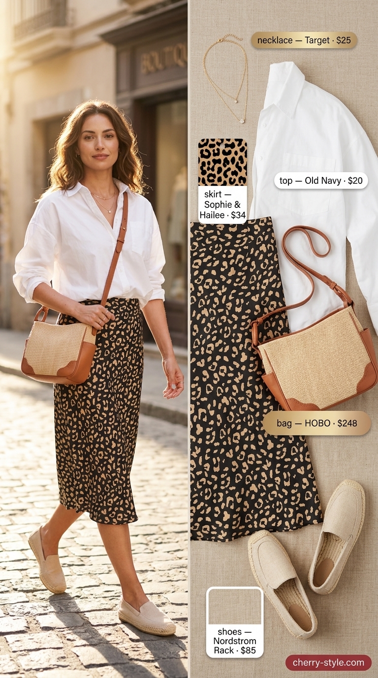 Leopard print midi skirt with white shirt, espadrilles, and straw bag for summer outfits 2026.