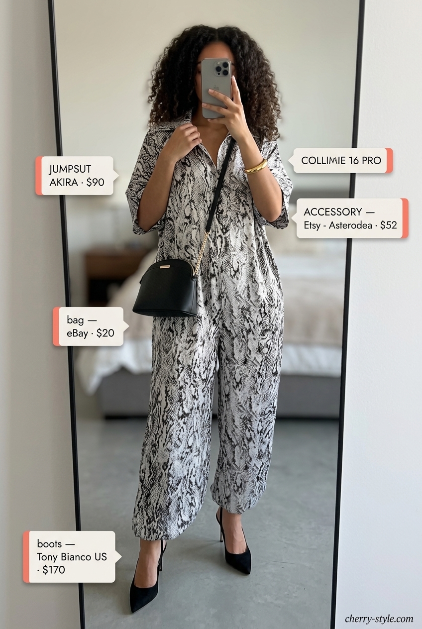 Python print jumpsuit for summer evening events 2026. Chic black and gold accessories complete this modern look.