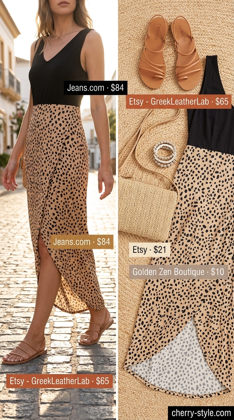 Bohemian animal print maxi dress for summer evenings 2026. Earthy tones and relaxed resort wear.