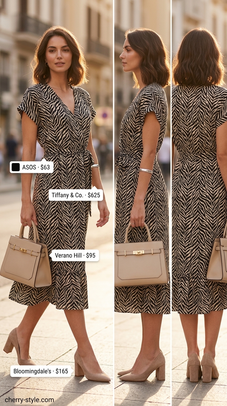 Monochromatic animal print shift dress with beige pumps and silver bracelet for office outfits 2026.