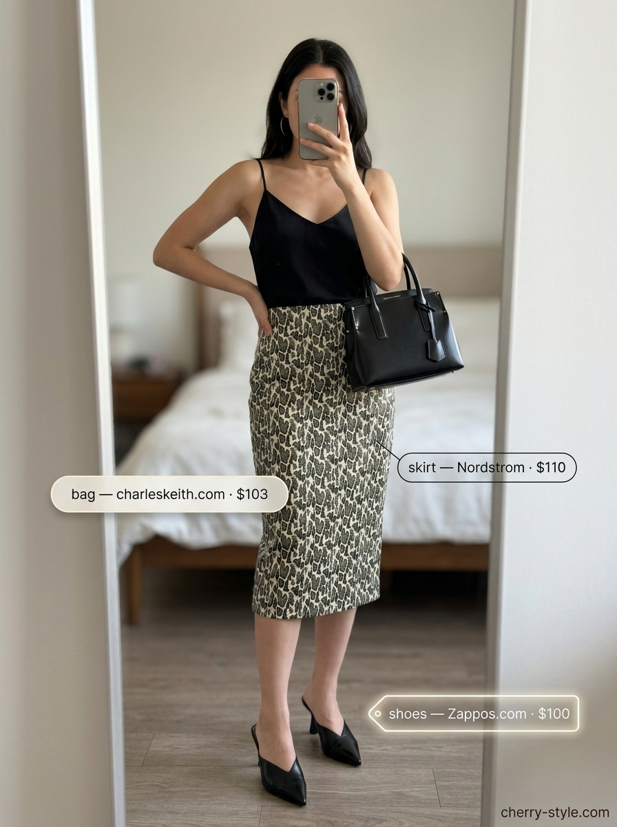 Snake print midi skirt outfit for daytime summer events 2026. Chic and polished office casual look.