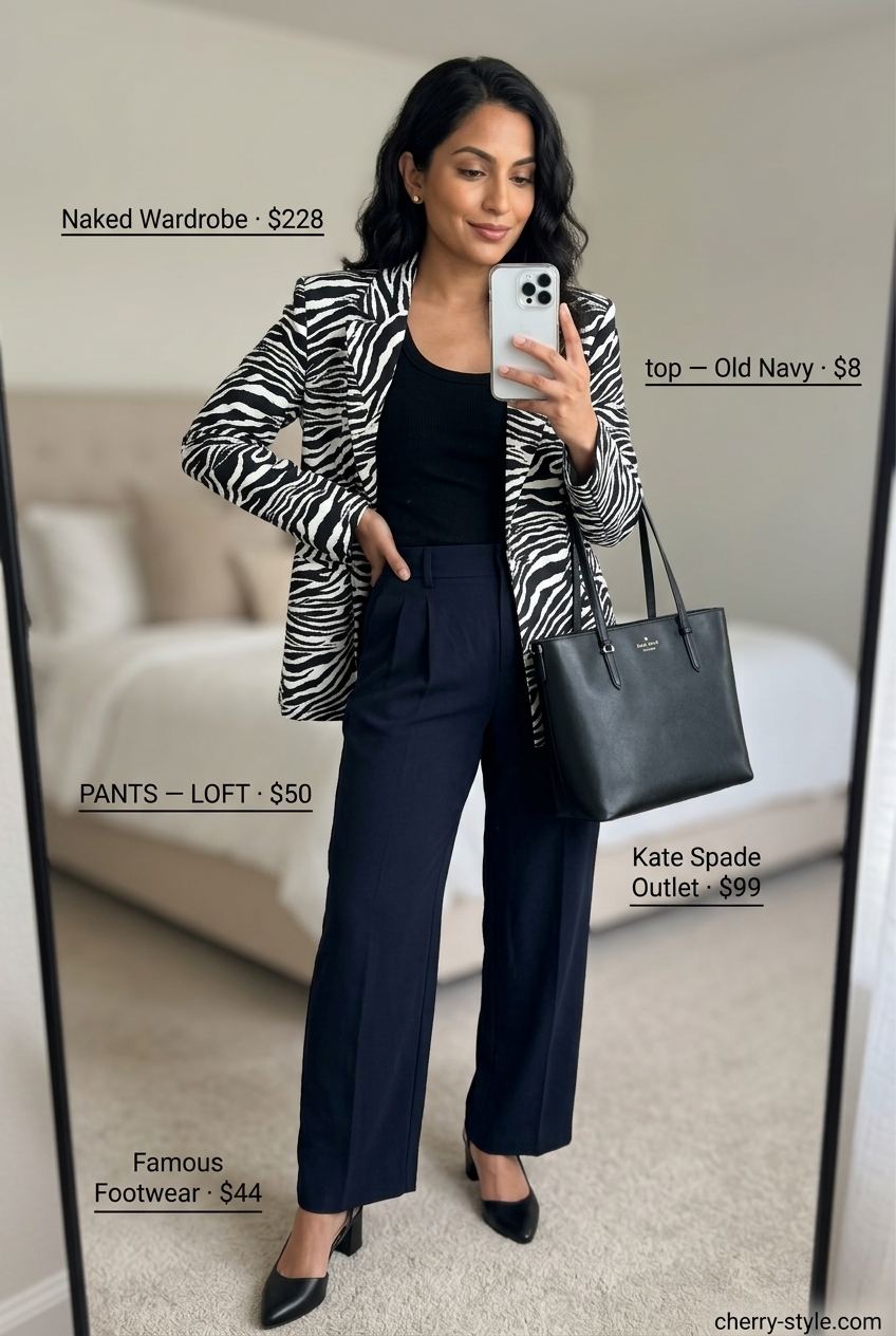 Zebra print blazer outfit for smart casual summer events 2026. Sophisticated black and white ensemble.