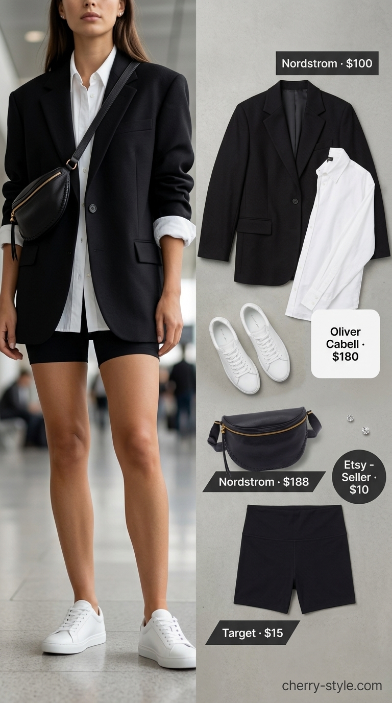 Oversized black blazer, white button-down, and black biker shorts for elevated athleisure. Biker shorts with blazer outfits for women summer 2026.