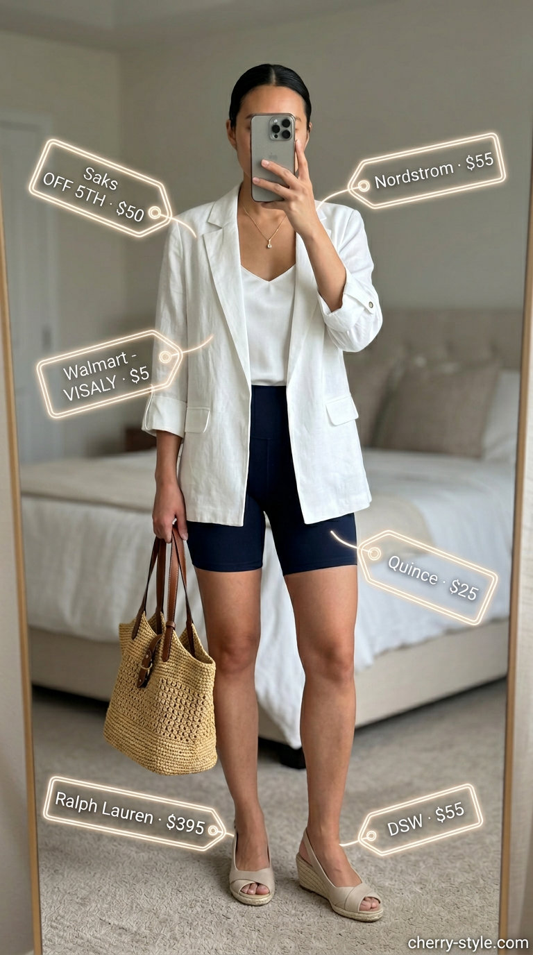 Navy biker shorts, linen blazer, and espadrilles for a coastal chic look. Biker shorts with blazer outfits for women summer 2026.