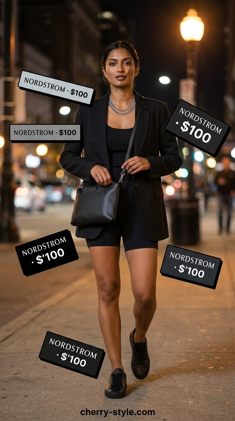 All black outfit with oversized blazer, biker shorts, and sneakers for edgy style. Biker shorts with blazer outfits for women summer 2026.