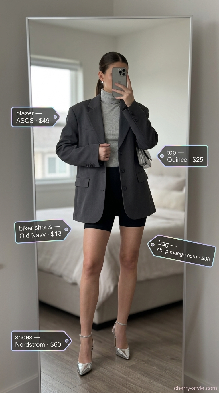 Charcoal blazer, grey top, charcoal biker shorts, and metallic heels for a modern look. Biker shorts with blazer outfits for women summer 2026.