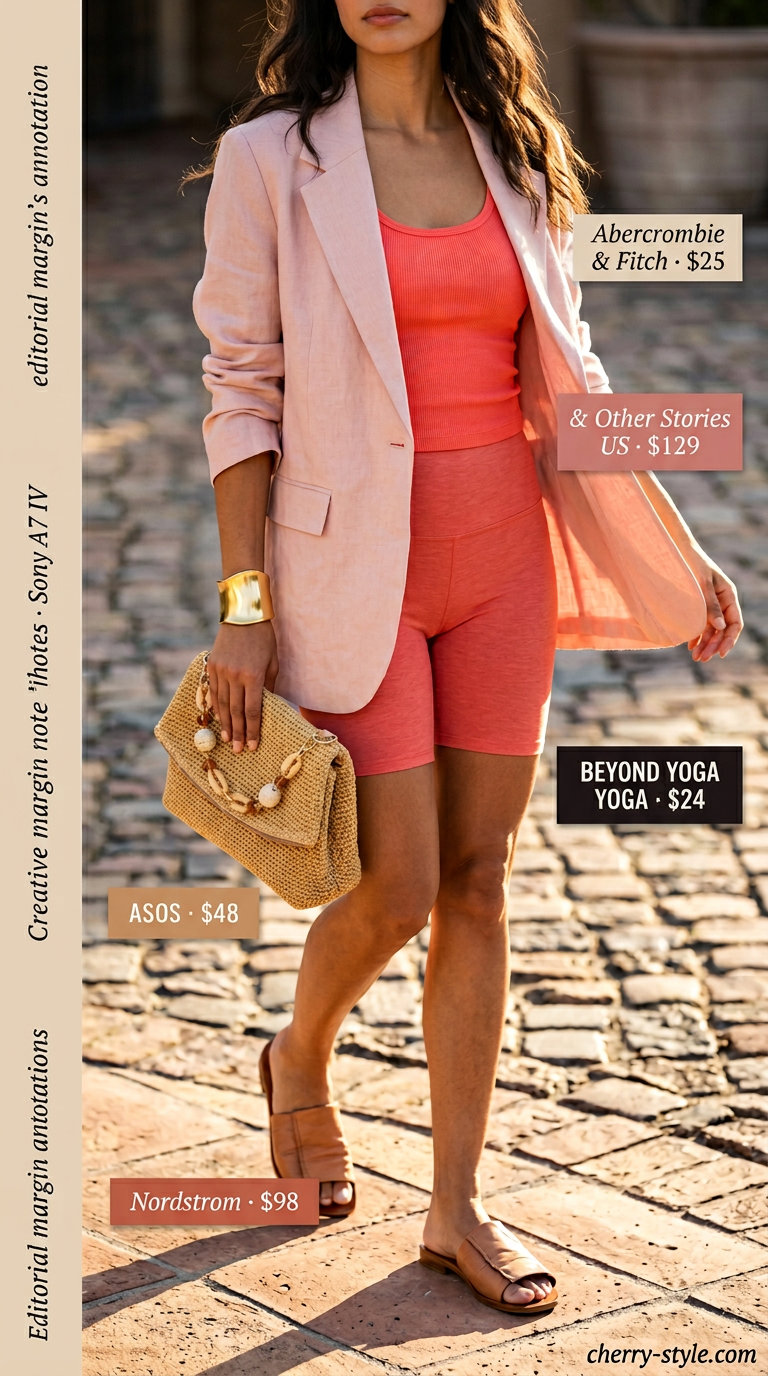 Coral blazer, white tank, coral biker shorts, and slide sandals for a vibrant look. Biker shorts with blazer outfits for women summer 2026.