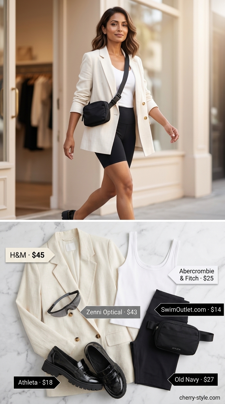 Black biker shorts with beige blazer & white tank for athleisure outfits 2026.