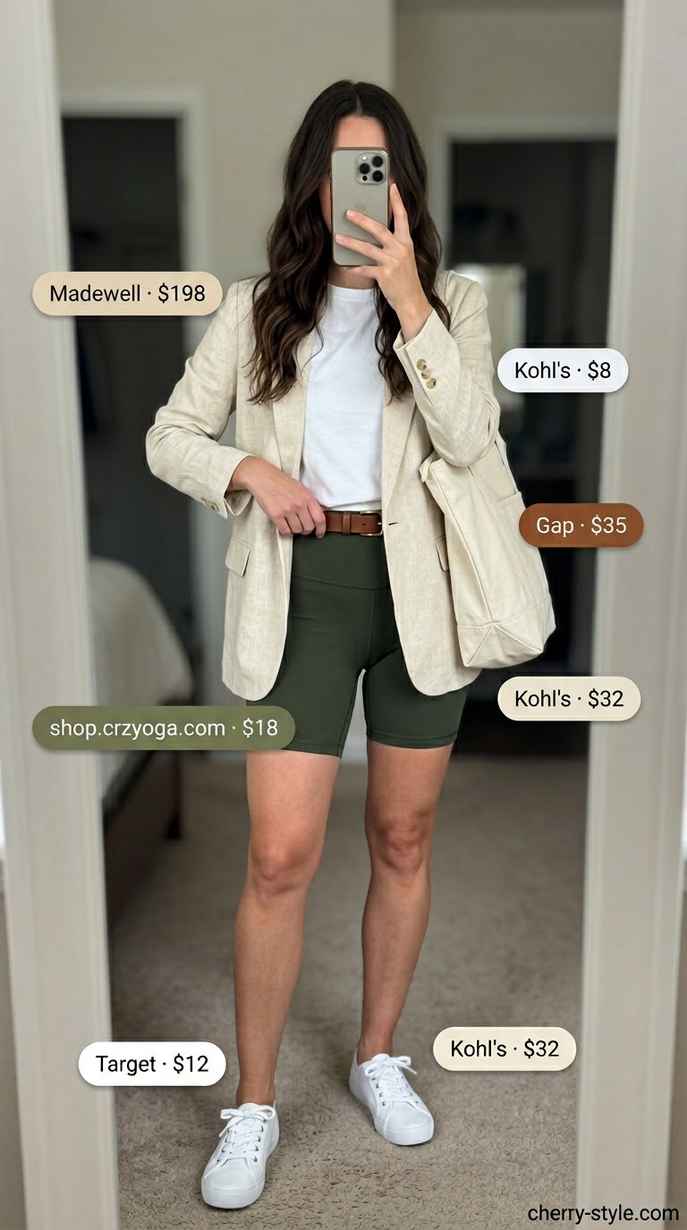 Olive green biker shorts with beige blazer & white t-shirt for casual outfits 2026.