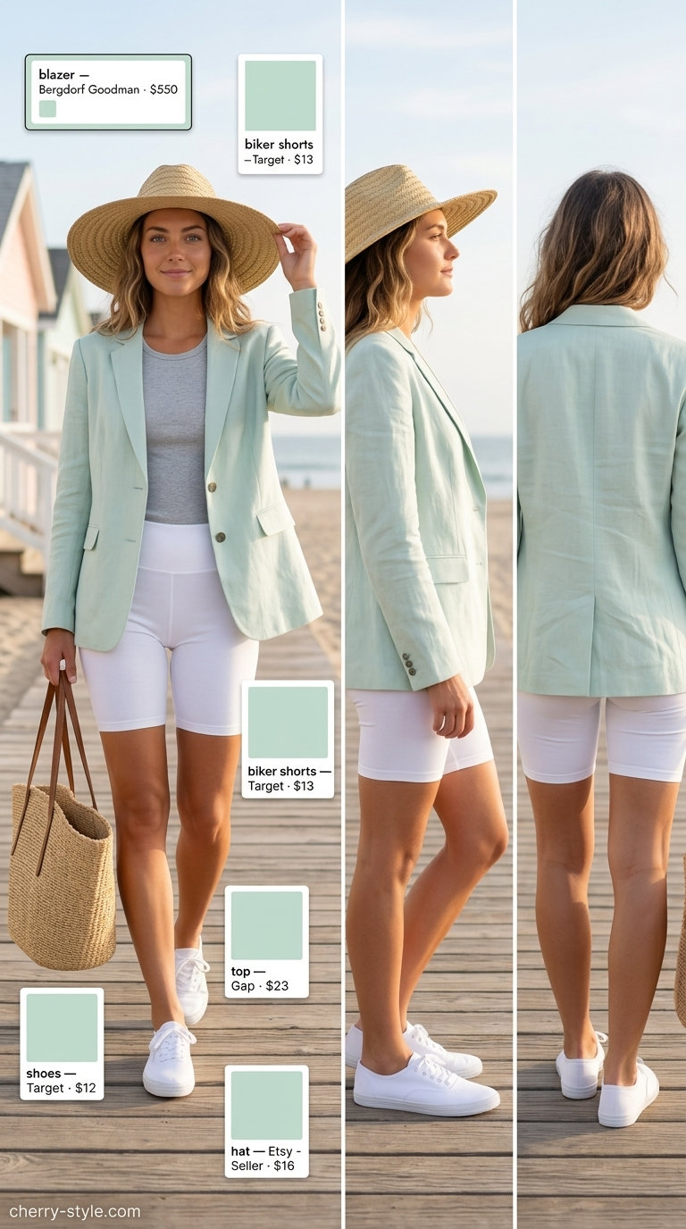 White biker shorts with mint blazer & grey tank for coastal summer outfits 2026.