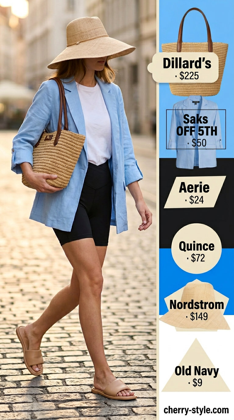 Biker shorts with blazer outfits for women summer 2026: Light blue linen blazer, white tee, black biker shorts, and straw hat.
